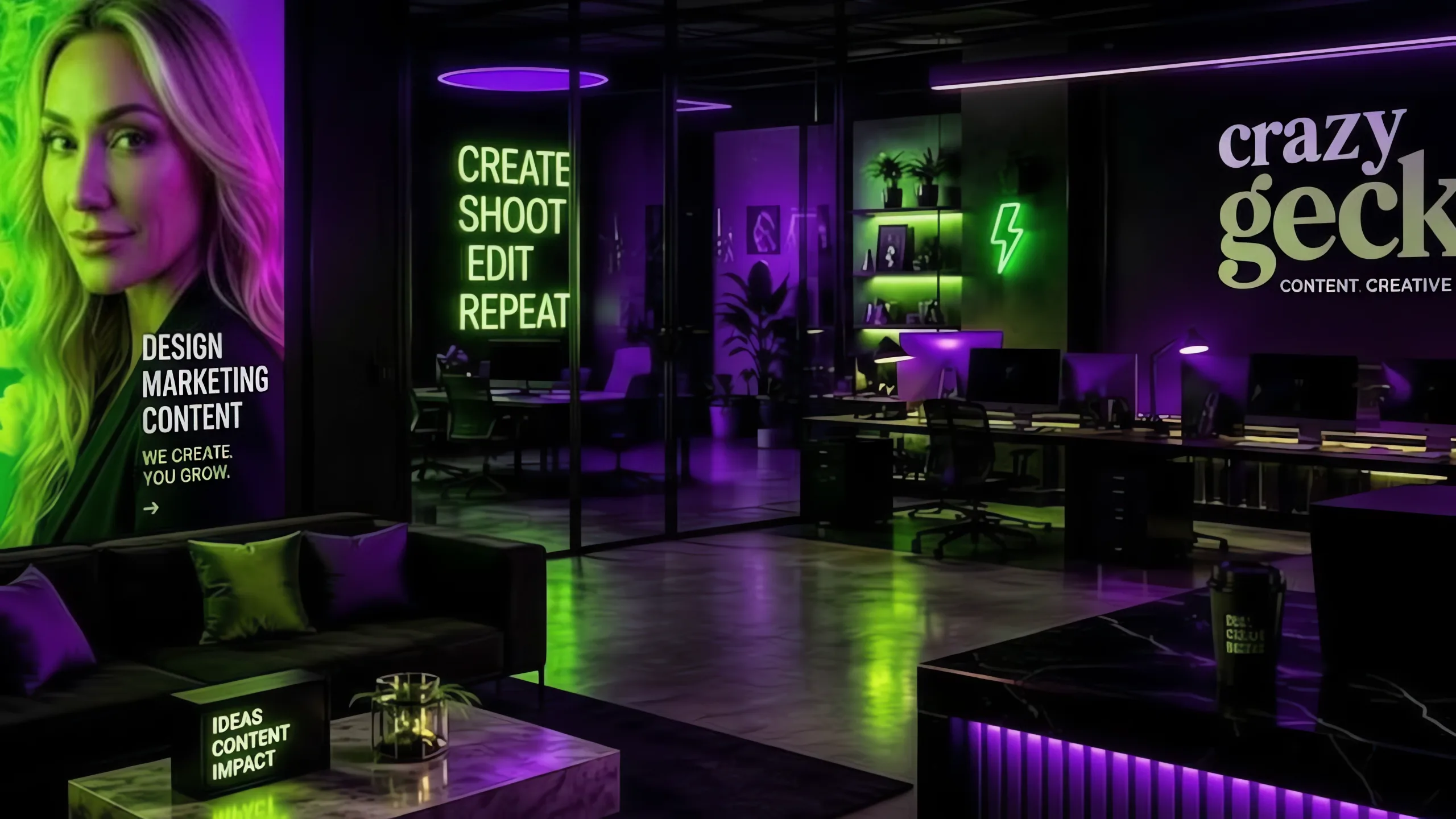 Crazy Gecko creative studio office with neon green and purple lighting